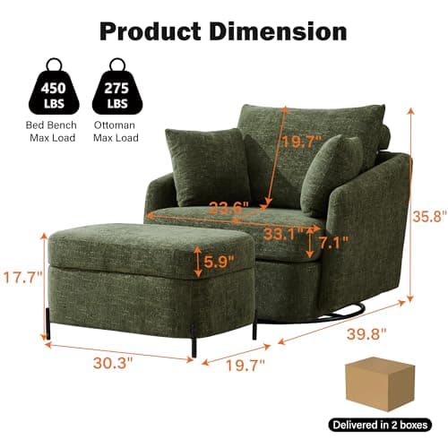 Oversized Green Chenille Swivel Chair with Ottoman