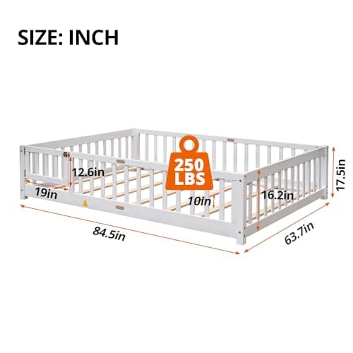 Montessori Floor Bed for Kids, White Wood Frame with Fence & Door