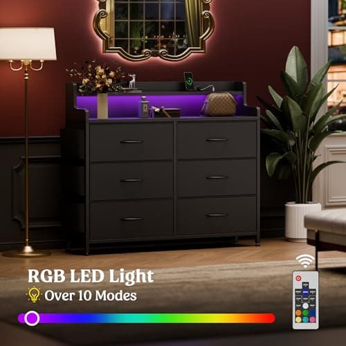 Lulive Black Dresser with 6 Drawers & LED Light for Bedroom