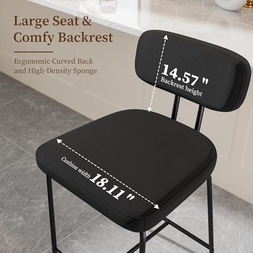 2-Piece Black Fabric Bar Stool Set, 26", Counter Height Kitchen Chairs