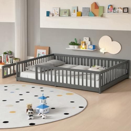 Montessori Twin Size Floor Bed Frame for Kids with Safety Guardrails, White
