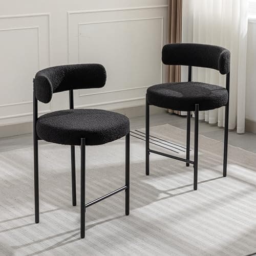 Mid-Century Modern Black Boucle Bar Stools, Set of 3, 24'' High, Kitchen Island Dining Room