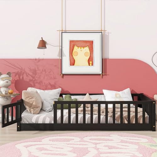 Sturdy Montessori Twin Floor Bed with Guardrail for Kids, No Box Spring Needed,Natural