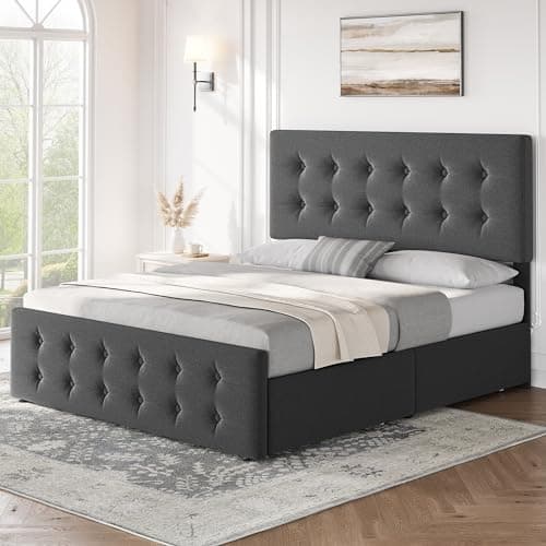 IDEALHOUSE Queen Size Linen Upholstered Bed Frame with 4 Drawers & Headboard, Dark Grey