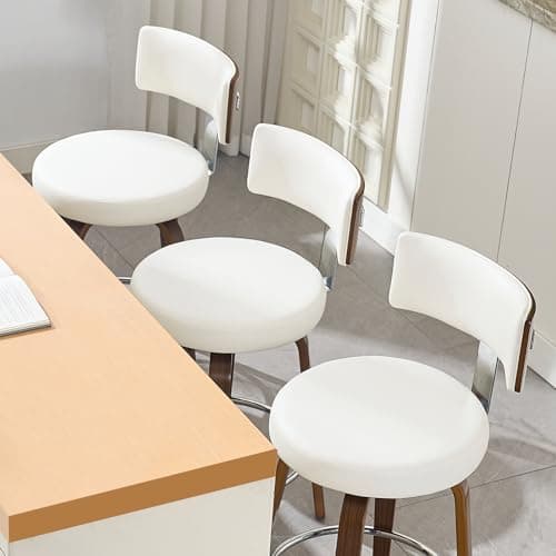 Mid Century Walnut Bar Stools Set of 4, Faux Leather Seat, 26" Height, White