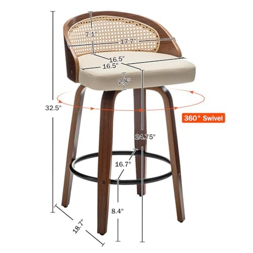 Mid-Century Modern Beige Rattan Swivel Bar Stool Set, 26" Walnut Finish