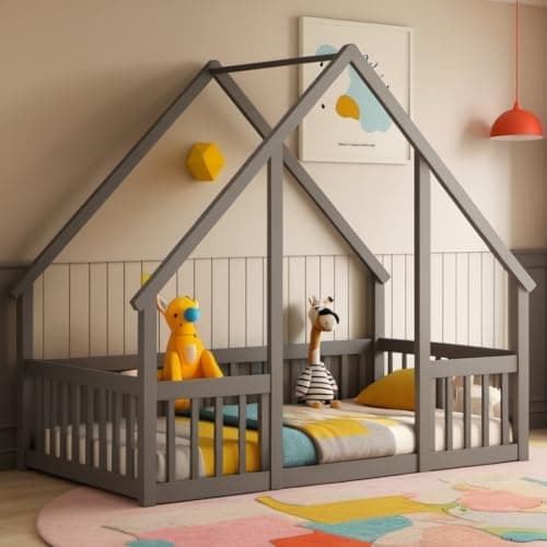 Twin Size Montessori Floor Bed with Fence, Natural Solid Wood Frame