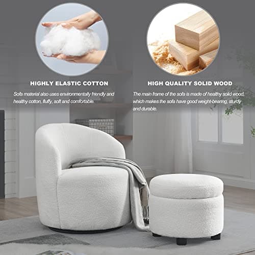 Swivel Barrel Chair with Storage Ottoman in White