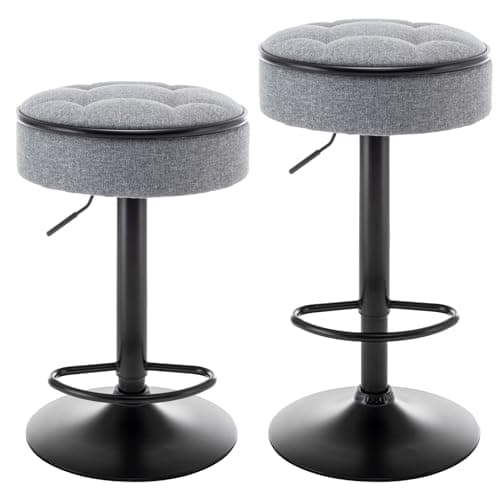 Round Storage Bar Stools Set of 2 with Adjustable Height, Swivel Linen Bar Chair for Kitchen Counter and Dining Room, Grey