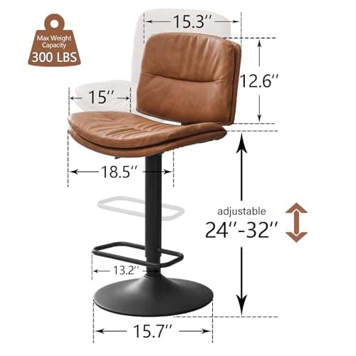 Double-Layer Brown Faux Leather Bar Stools Set of 4 24"-32" Adjustable