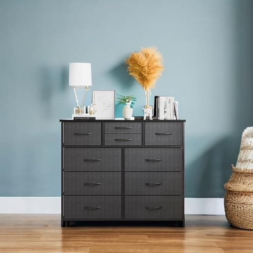 LUMTOK 10-Drawer Fabric Dresser, Steel Frame, Wood Top (Grey)