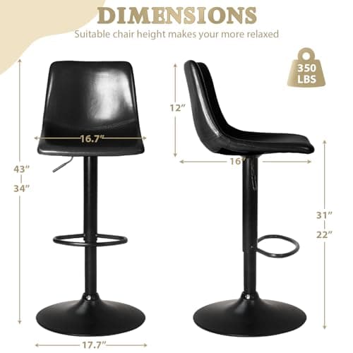 LEMBERI Set of 4 Modern Swivel Bar Stools with Backrest, Adjustable Faux Leather for Kitchen Island (Black)