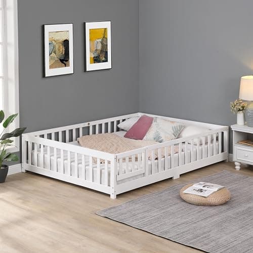 Queen Size Pine Wood Floor Bed Frame with Door and Rails - Grey