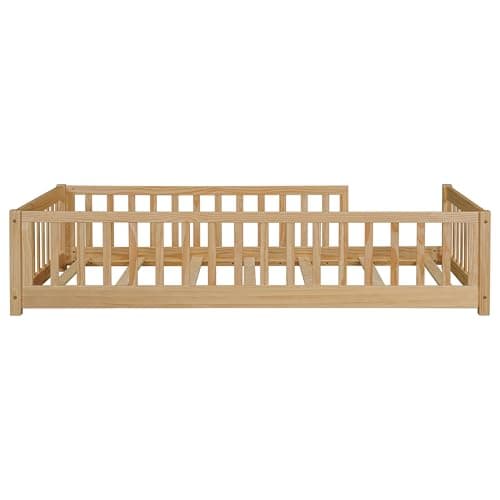 Sturdy Montessori Twin Floor Bed with Guardrail for Kids, No Box Spring Needed,Natural