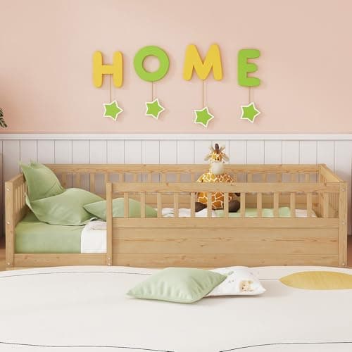 Montessori Bed for Kids Twin Size, Wood Playhouse with High Rails, Natural Tone