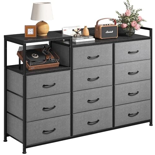 EnHomee Sturdy Metal Tall Dresser with 9 Drawers & 2 Shelves, Black Grey