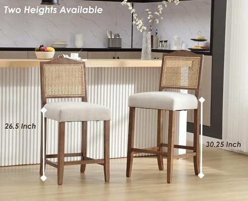 CIMOTA Linen Beige Rattan Farmhouse Bar Stool Set Mid Century Modern 26.5In