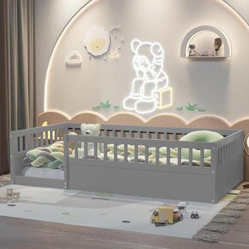Montessori Ball & Cast Full Floor Bed Frame with Fence, White, No Box Spring Needed