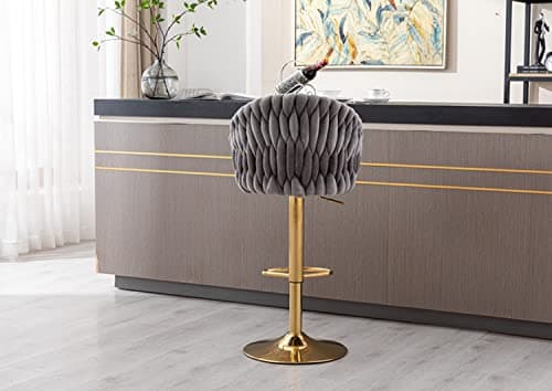 Swivel bar stools with footrest and back in vintage velvet upholstery, metal base, grey