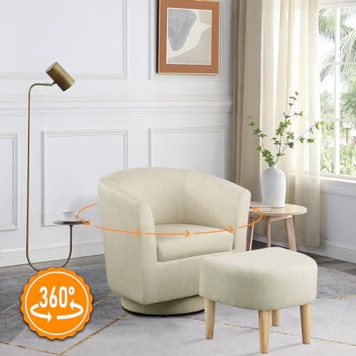 Beige 360 Degree Swivel Accent Chair with Ottoman for Living Room and Bedroom