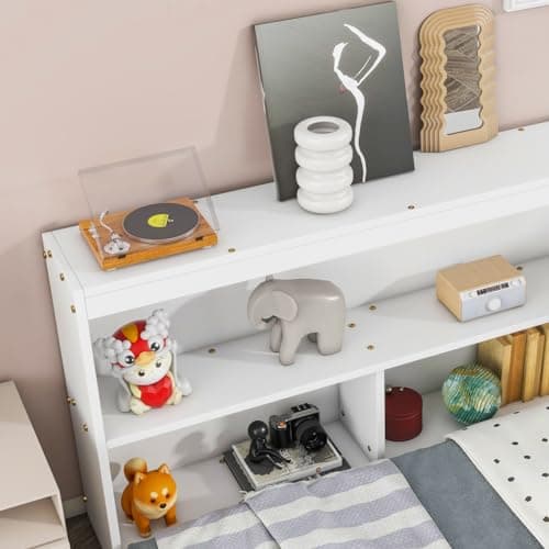 i-POOK L-Shaped Bookcase Corner Bed without Slats, Full Size Bed Frame for Children and Teens, White