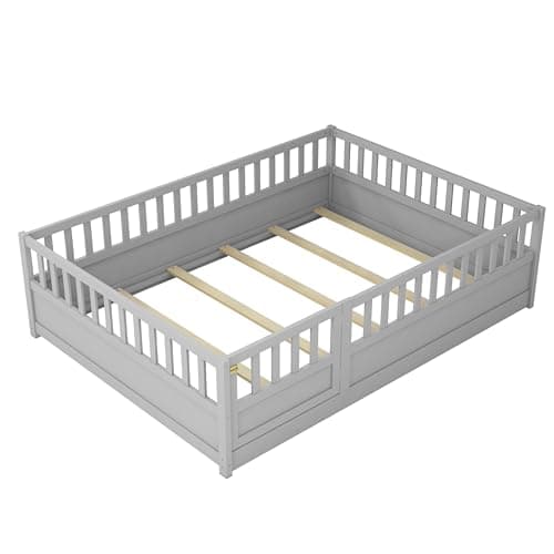 Full Size Wood Montessori Bed with High Fence & Door, No Box Spring Needed