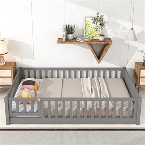 Full Size Montessori Floor Bed with Fence & Door for Children, Gray