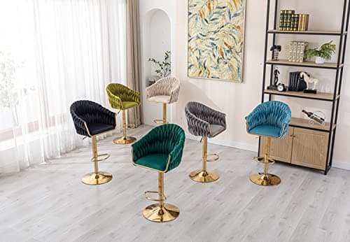 Swivel bar stools with footrest and back in vintage velvet upholstery, metal base, grey