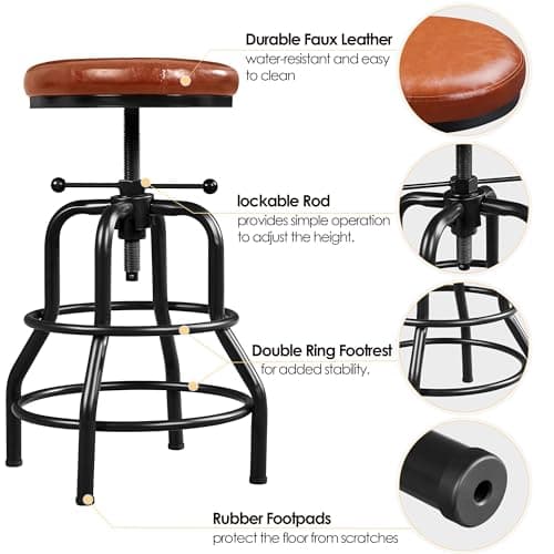 Yaheetech Vintage Round Faux Leather Bar Stool, 21.5-28 Inch Tall Light Brown