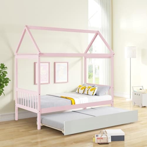 i-POOK House Twin Bed Frame, Pink, with Trundle and Headboard