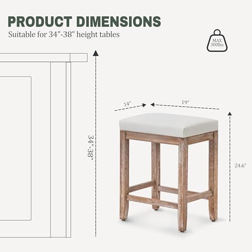 White Counter Height Bar Stools Set of 4, Faux Leather Seat, Wood Legs, 24" High