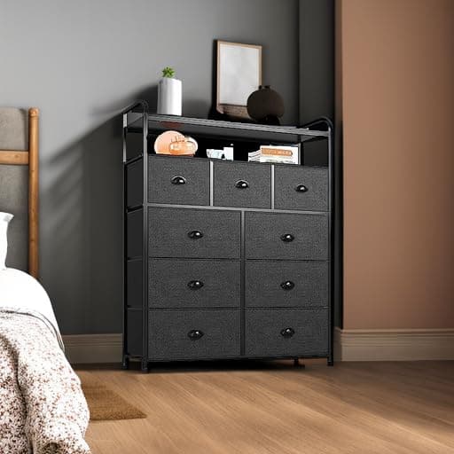 EnHomee Sturdy Metal Tall Dresser with 9 Drawers & 2 Shelves, Black Grey