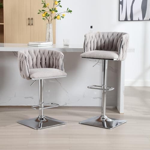 Adjustable Boucle Swivel Bar Stools Set of 2 with Hand Woven Back and Silver Footrest, for Kitchen Island and Dining Room