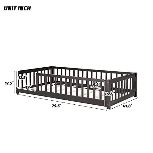Espresso Toddler Twin Floor Bed with Fence, Easy Assembly
