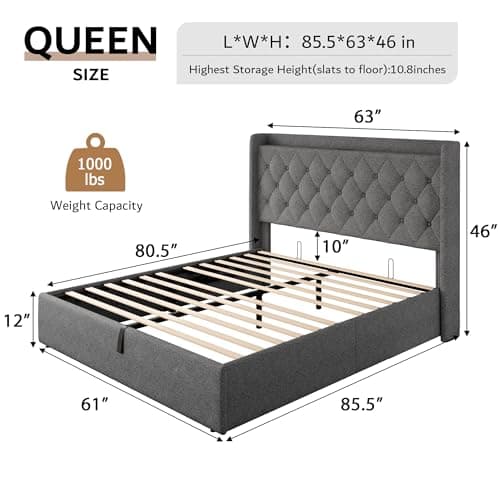 iPormis Queen Storage Bed with Charging Station, Light Grey