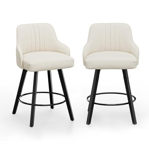 VINGLI 26" Swivel Barstool Set, Beige Linen Fabric, Kitchen Counter Height