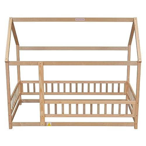 Montessori Twin Size Floor Bed with Roof & Fence Guardrails for Boys Girls Bedroom