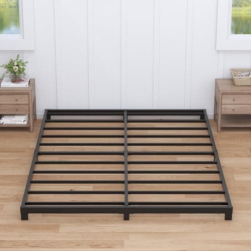 Queen Size Low Profile 4-Inch Metal Bed Frame - No Box Spring Needed, Easy Assembly, Heavy Duty, Black