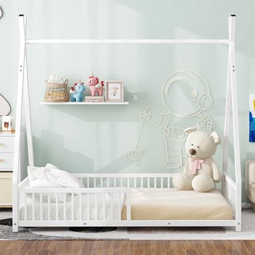 LUSPAZ Beige Queen Size Floor Bed with Shell Headboard and Vertical Seams