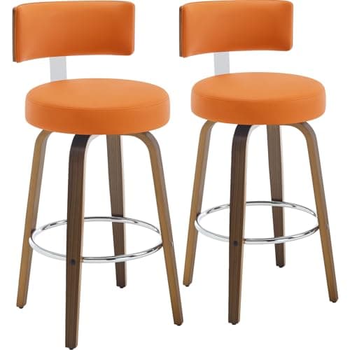 Mid Century Walnut Bar Stools Set of 4, Faux Leather Seat, 26" Height, White