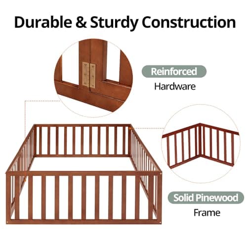 Montessori Floor Bed for Kids, Queen Size with Fence & Door - Walnut