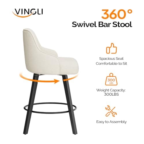 VINGLI 26" Swivel Barstool Set, Beige Linen Fabric, Kitchen Counter Height