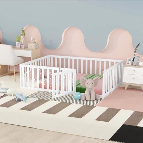 Montessori Floor Bed for Children Boys and Girls, White Wood Frame with Fence and Door