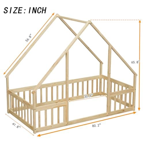 Twin Size Montessori Floor Bed with Fence, Natural Solid Wood Frame