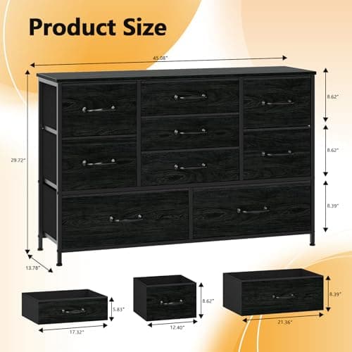 Furnulem Black 7 Drawer & 9Drawer Dresser with FabricBins