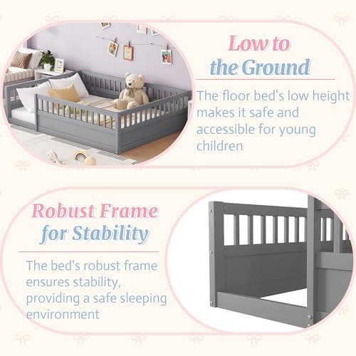 Montessori Full Size Floor Bed with High Rails, Gray for Kids Boys Girls Teens