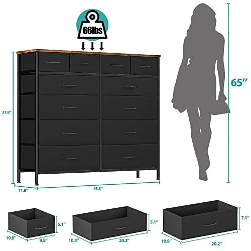 Black Tall Fabric Drawer Dresser with 12 Deep Drawers for Bedroom, Closet, and More