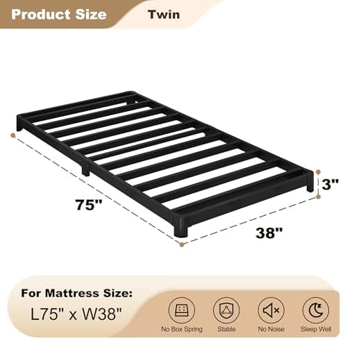 Heavy Duty Black 3 Inch Low Twin Bed Frame with Rounded Corners