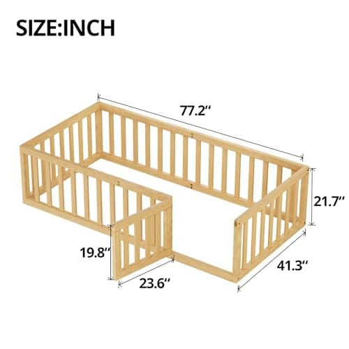 Montessori Twin Size Floor Bed for Children, Wood Frame with Fence & Door, Natural Color