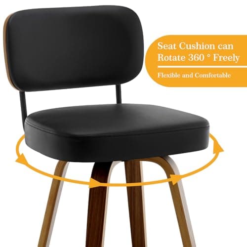 Set of 4 Swivel 26 Upholstered Faux Leather Bar Stools with Back and Wood Legs - Mid Century Modern Kitchen Counter Chairs in Black